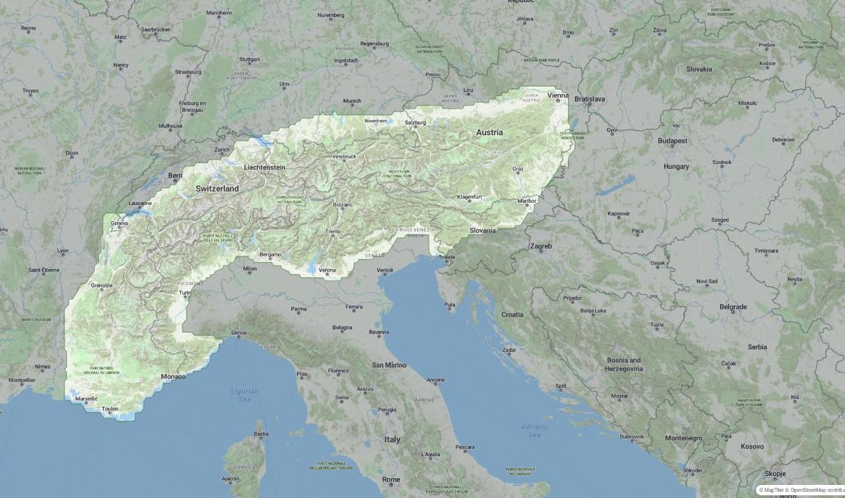 The Alpine arc highlighted on the Scórtol map — the area where routes can be generated